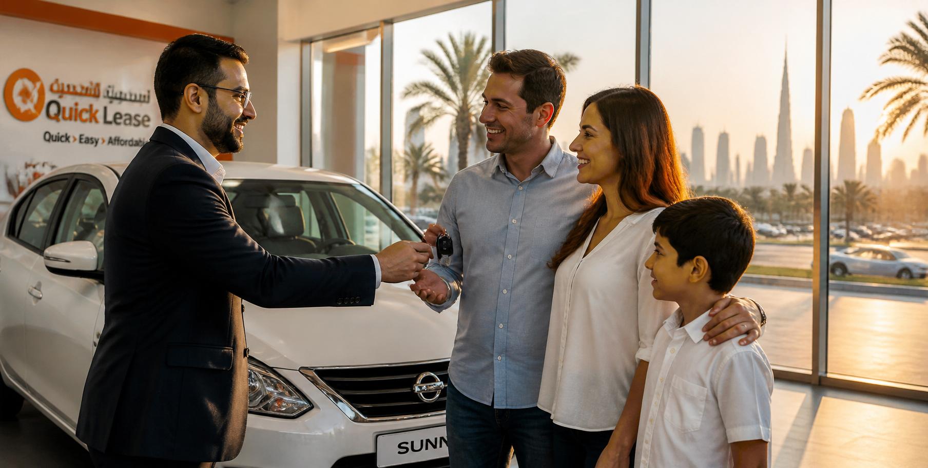Happy family collecting their Quick Lease rental car keys in Dubai