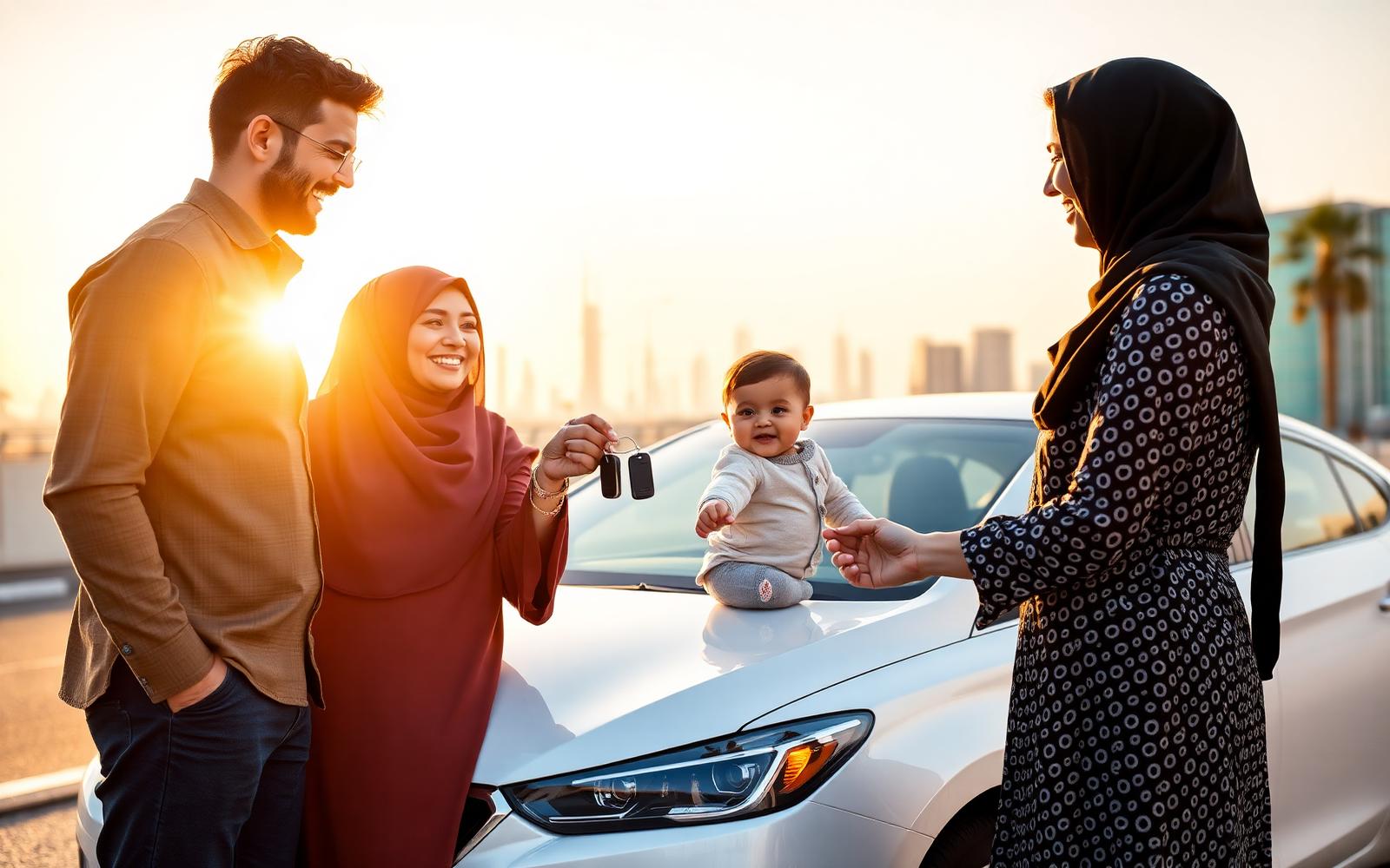 Family collecting car keys from Quick Lease in Dubai